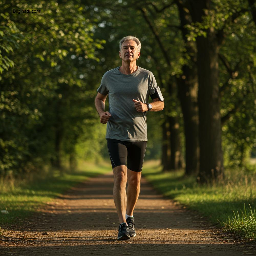 Ağaçlık bir patikada orta yaşlı bir kişinin hafif tempolu yürüdüğü, rahat ve derin nefes alma hissini vurgulayan sinematik ve fotogerçekçi bir dış mekan egzersiz sahnesi.