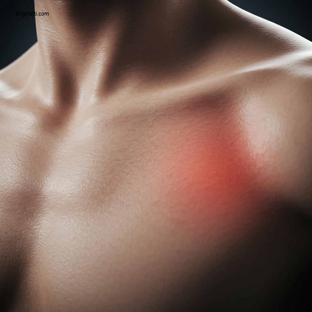 Derin nefes alırken göğüs bölgesinde gerginlik veya rahatsızlık hissini vurgulayan, yüzeysel odaklı, kişinin üst göğüs bölgesine odaklanmış gerçekçi bir fotoğraf.