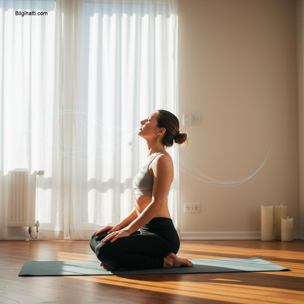Minimalist, güneş alan bir yoga veya meditasyon odasında derin, kontrollü nefes egzersizleri yapan birini gösteren görsel olarak çekici, parlak ve temiz bir sahne. Odak, duruş ve derin, derin nefes alma hissi üzerinde olmalıdır. Hava akışını düşündüren nazik hareket çizgileri gösterilmeli, ancak açık metin veya tıbbi üst katmanlar olmamalıdır. Fotogerçekçi tarz, huzurlu atmosfer.