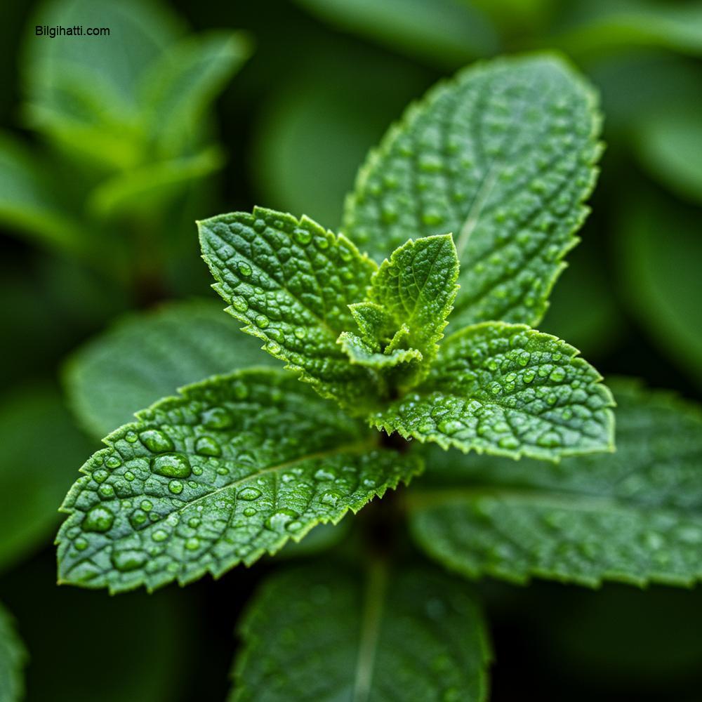 Taze, canlı yeşil nane yapraklarının yakından, son derece detaylı bir makro fotoğrafı, sabah çiy taneleriyle parlıyor. Odak, yaprakların kadifemsi dokusu üzerinde keskinleşmiş olup, doğal, taze görünümlerini vurguluyor. Arka plan yumuşak ve bulanık (bokeh etkisi), sağlıklı bir bahçe ortamını ima ediyor. Işıklandırma parlak ve doğal gün ışığı. Gerçekçi fotoğrafçılık stili.