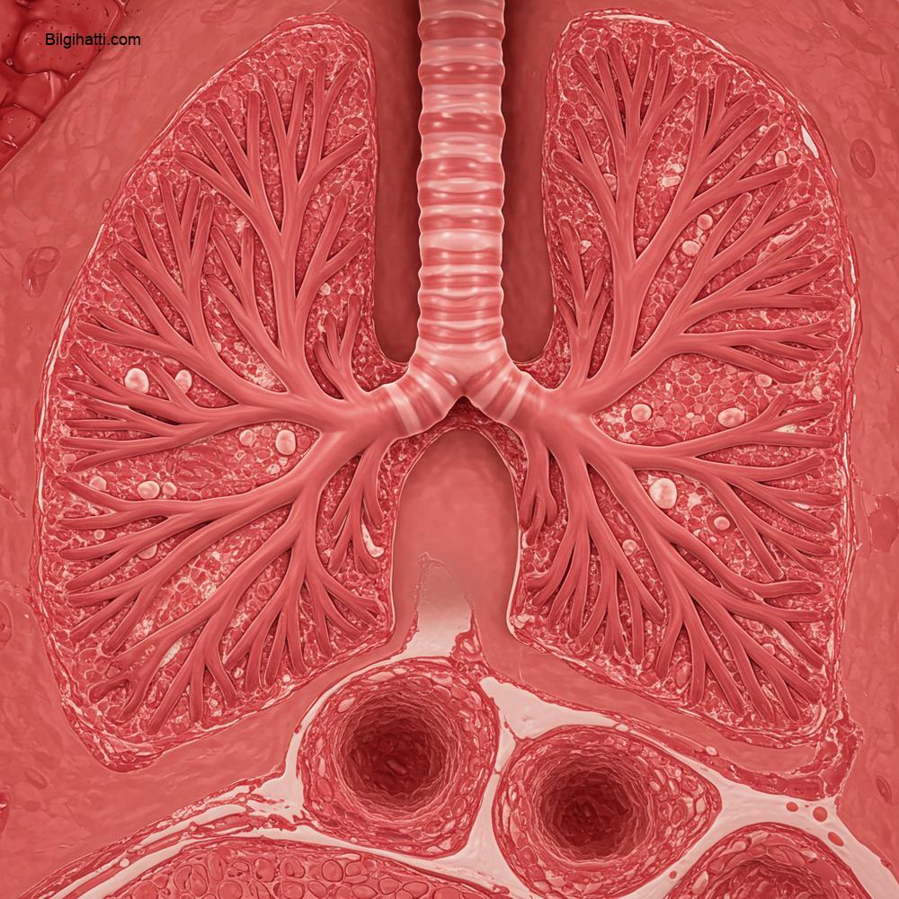 Sağlıklı insan akciğerlerinin ve bronşiyollerin yakından, kesit görünümü. İncelikli, dallanan ağaç benzeri yapıyı, temiz, pembe dokuyu ve hava yollarının pürüzsüz iç yüzeylerini vurguluyor.