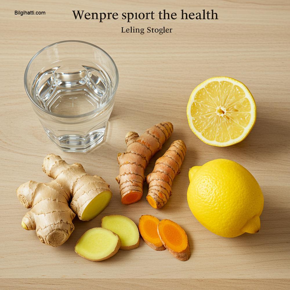 Hava yolu sağlığını destekleyen ögeleri içeren yüksek çözünürlüklü bir flat lay fotoğrafı: bir bardak su, taze zencefil, zerdeçal ve limon dilimleri.